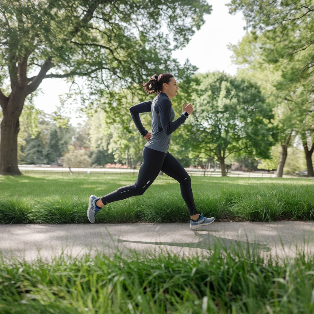 بهترین ساعت هوشمند زیر ۲ میلیون تومان“Create a realistic image of a person jogging in a lush park. The runner is wearing athletic clothing and a modern smartwatch on their wrist. The scene should capture dynamic motion with the runner mid-stride along a paved path, surrounded by green grass and trees under natural sunlight. The overall atmosphere is vibrant and energetic, emphasizing an outdoor fitness lifestyle.”